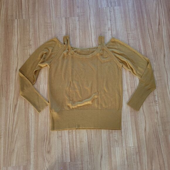 Anthropologie Sweater Top Womens Large Brown Mustard Cold Shoulder Casual Basic - Picture 10 of 11